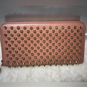CHRISTIAN LOUBOUTIN Peach Zip Around Panettone Wallet Spike Studs